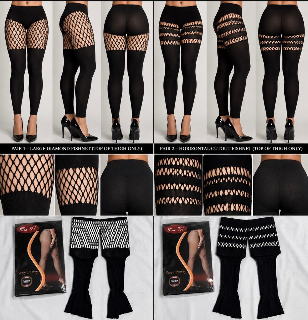 Ben Xi Black Fishnet Pantyhose Tights 2 Pair Bundle Sexy Patterned Stockings